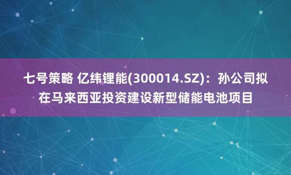 七号策略 亿纬锂能(300014.SZ)：孙公司拟在马来西亚投资建设新型储能电池项目